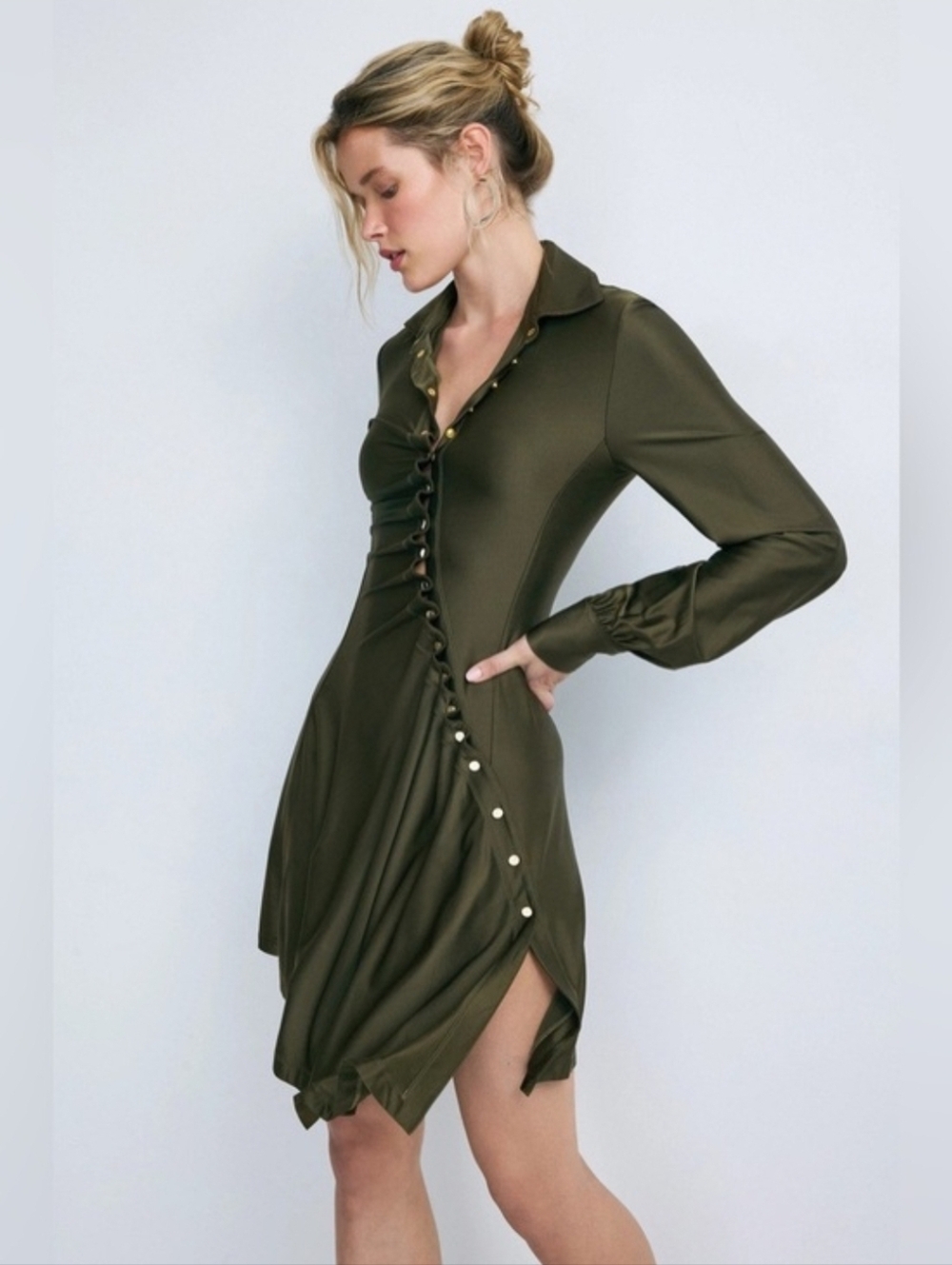 ✨️ Rabanne Button Embellished Draped Olive Green Long Sleeve Shirt Dress - Picture 8 of 15